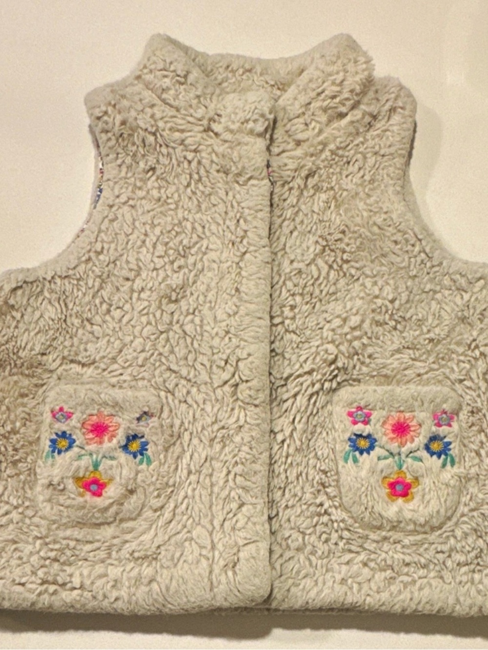 Mini Boden Girls' 8-9Y Beige Faux Fur Vest Floral Lined
